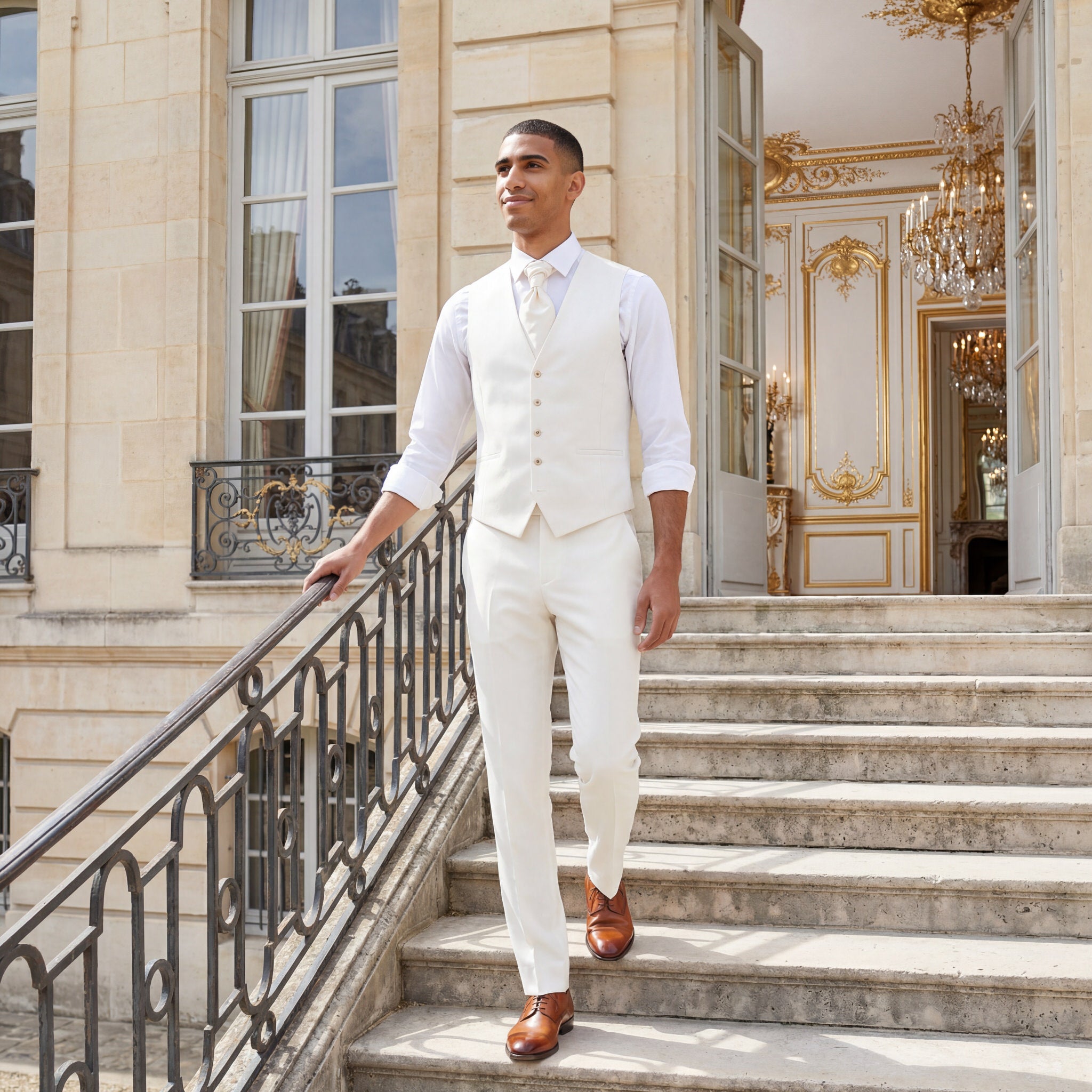 hochzeitsrausch Brautmoden - Eleganter Bräutigam-Anzug in Weiß mit Weste und Krawatte, ideal für stilvolle Hochzeiten