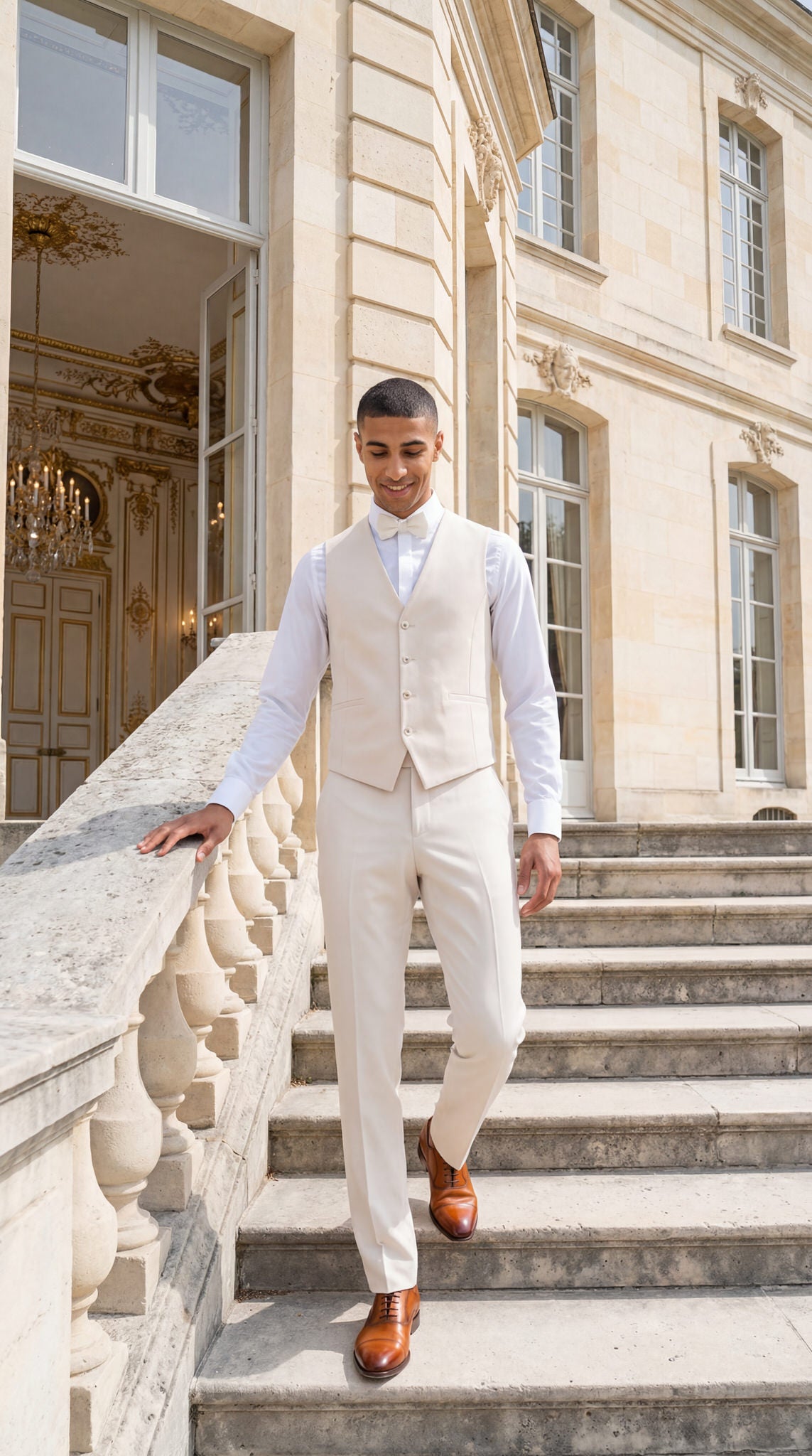 hochzeitsrausch Brautmoden - Eleganter Bräutigam-Anzug in Creme mit Weste und Lederschuhen, stilvoll und modern