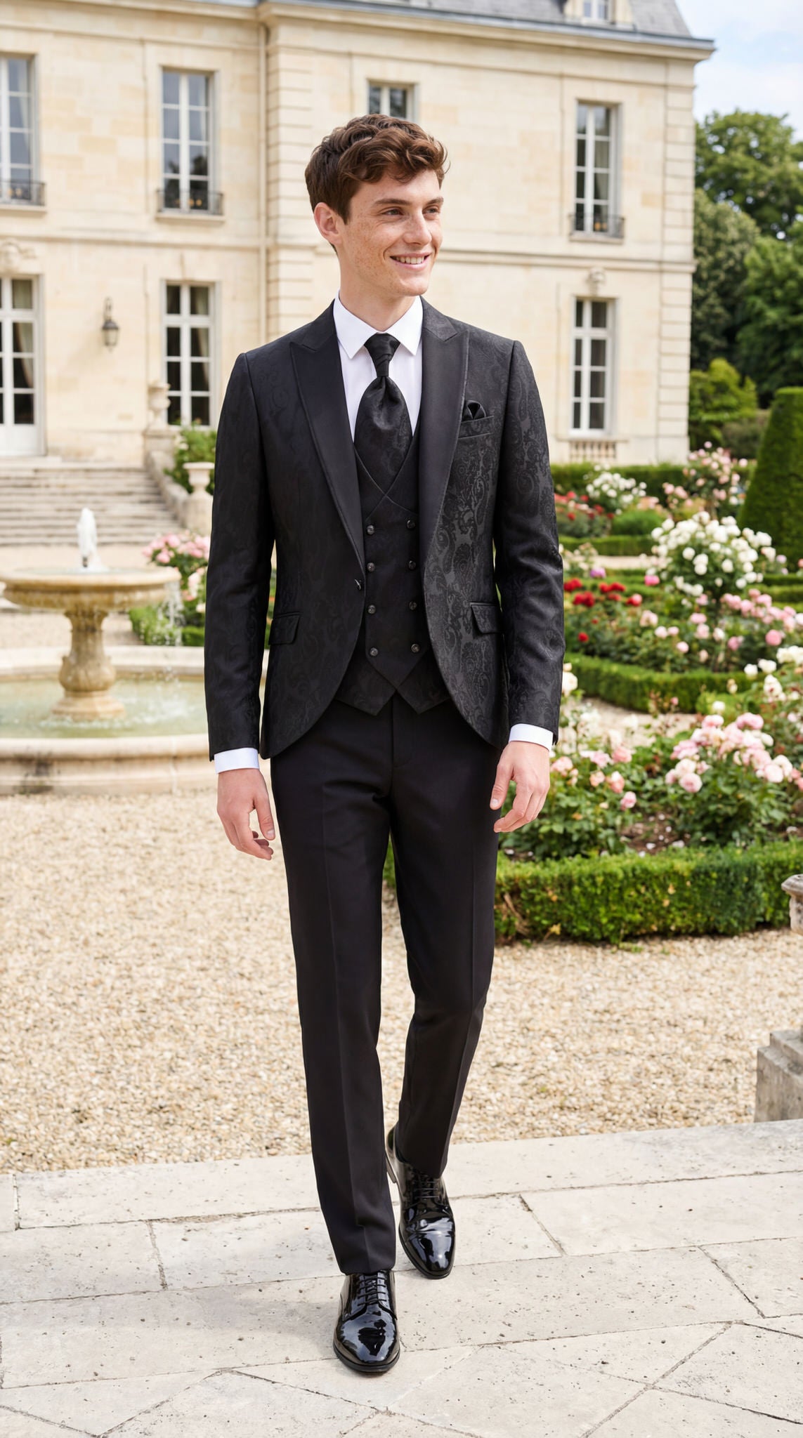 hochzeitsrausch Brautmoden - Eleganter Bräutigam-Anzug in Schwarz mit Weste, ideal für eine stilvolle Hochzeit im Freien