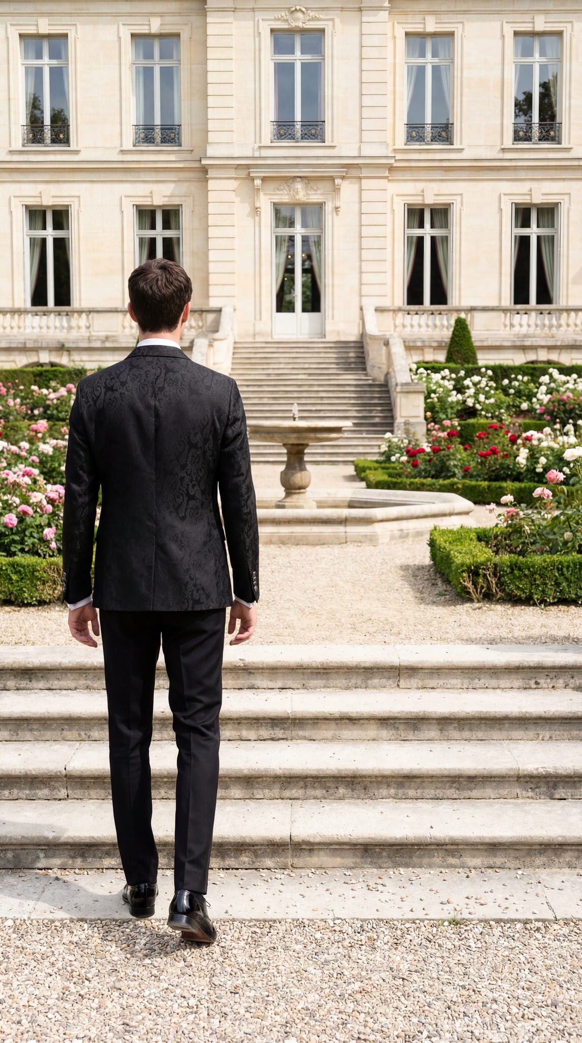 hochzeitsrausch Brautmoden - Eleganter Bräutigam-Anzug vor herrschaftlichem Anwesen, ideal für stilvolle Hochzeiten
