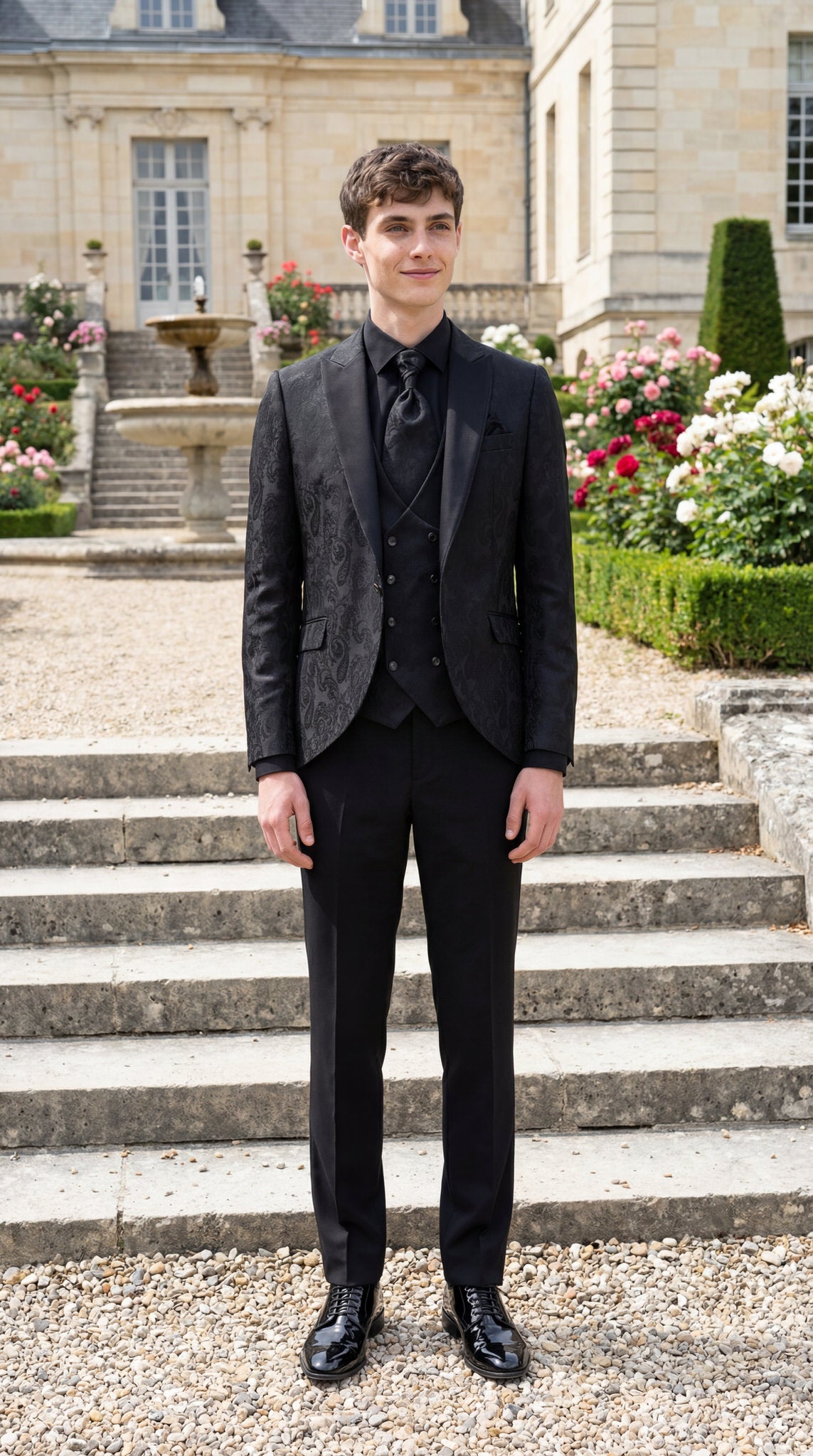 hochzeitsrausch Brautmoden - Eleganter Braeutigam-Anzug in Schwarz vor romantischer Kulisse mit Rosen und Schloss-Hintergrund