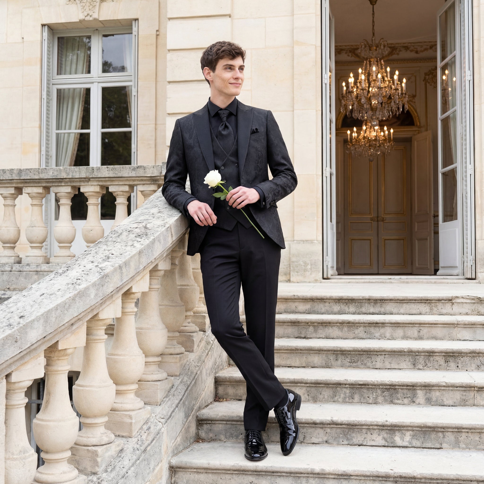 hochzeitsrausch Brautmoden - Eleganter Bräutigam-Anzug in Schwarz, perfekt für eine stilvolle Hochzeit im Schlossambiente