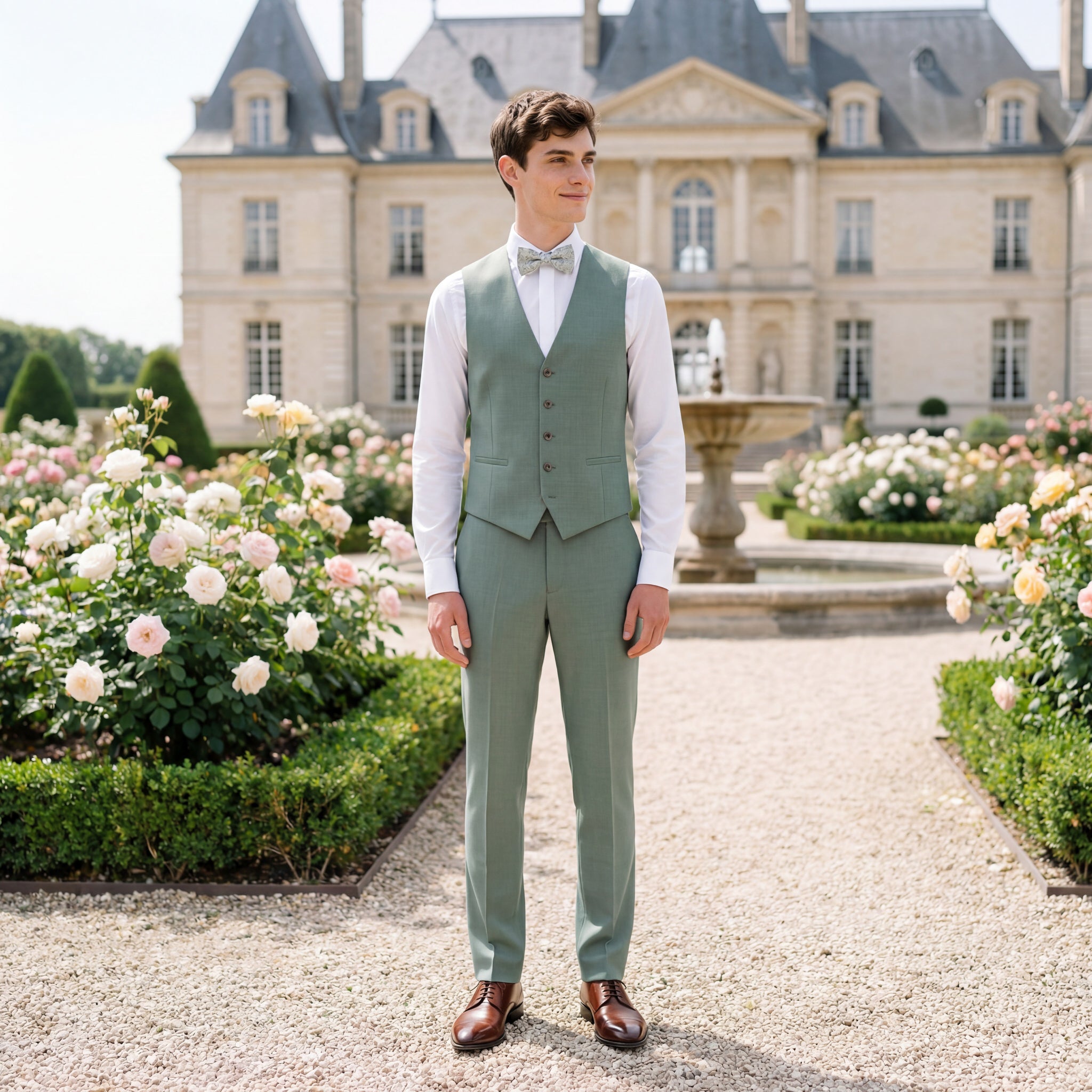 hochzeitsrausch Brautmoden - Eleganter Bräutigam-Anzug in Grün vor Schlosskulisse, ideal für stilvolle Hochzeiten