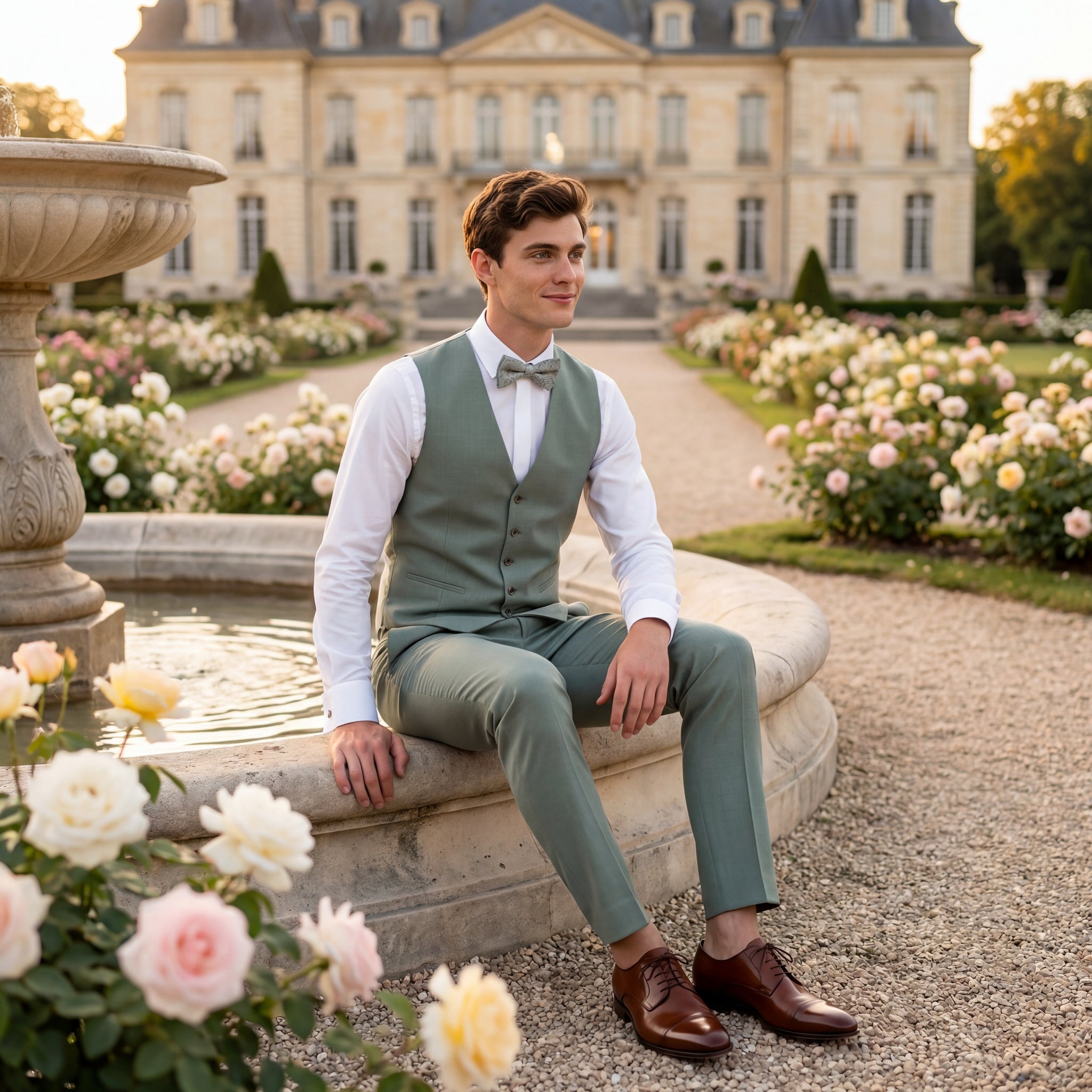 hochzeitsrausch Brautmoden - Eleganter Bräutigam-Anzug in Grün vor Schlosskulisse, ideal für stilvolle Hochzeiten