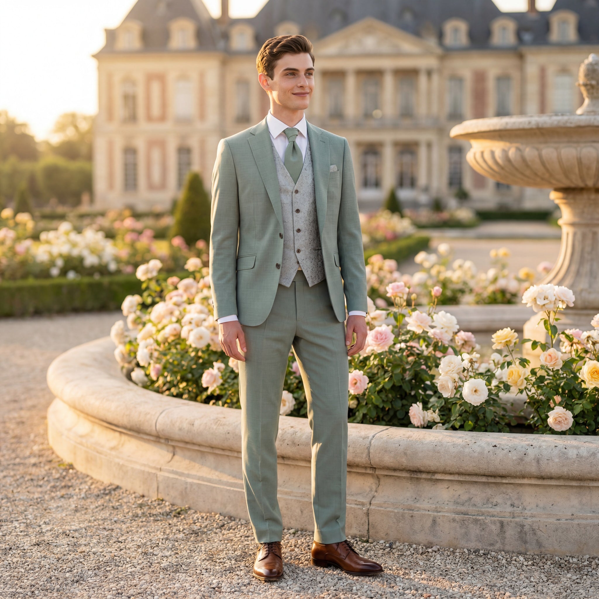 hochzeitsrausch Brautmoden - Eleganter Bräutigam-Anzug in Grün vor Schlosskulisse, ideal für stilvolle Hochzeiten