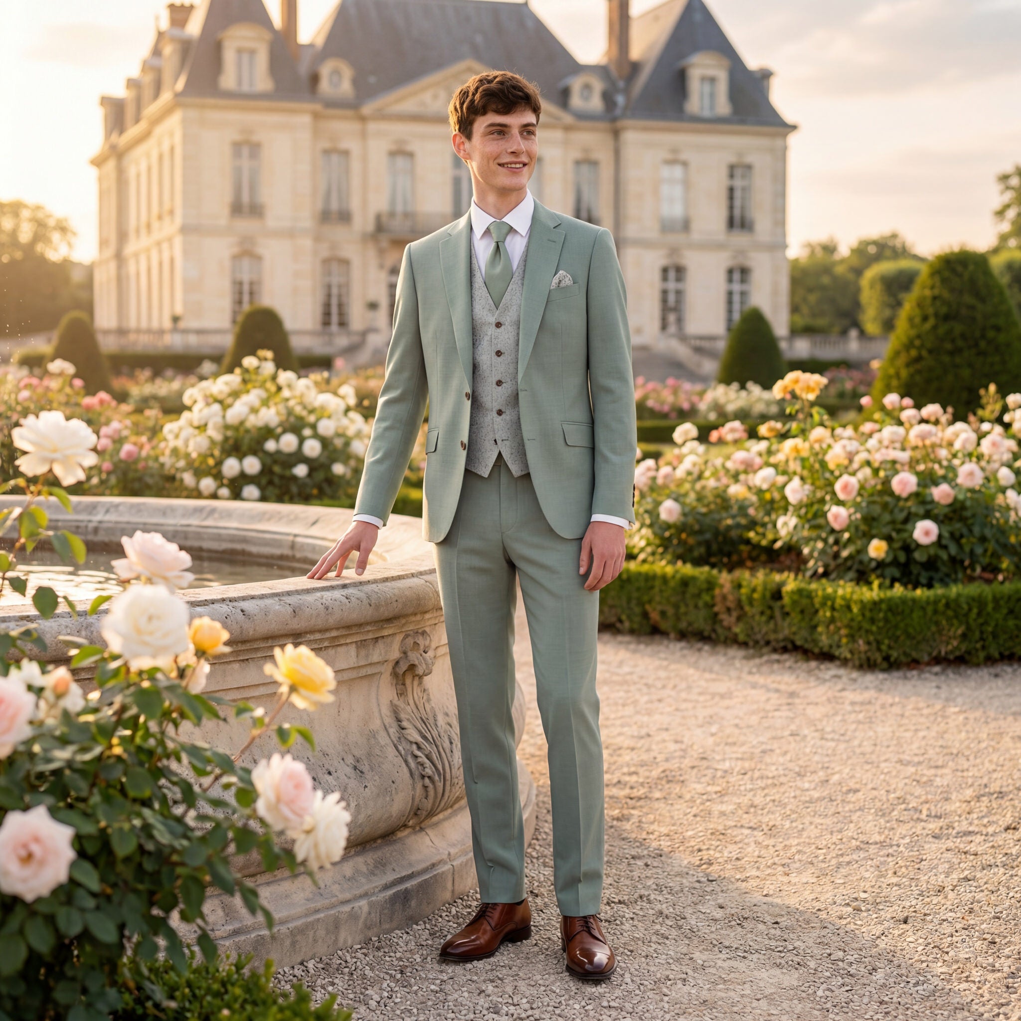 hochzeitsrausch Brautmoden - Eleganter Bräutigam-Anzug in Mintgrün vor romantischem Schlossgarten