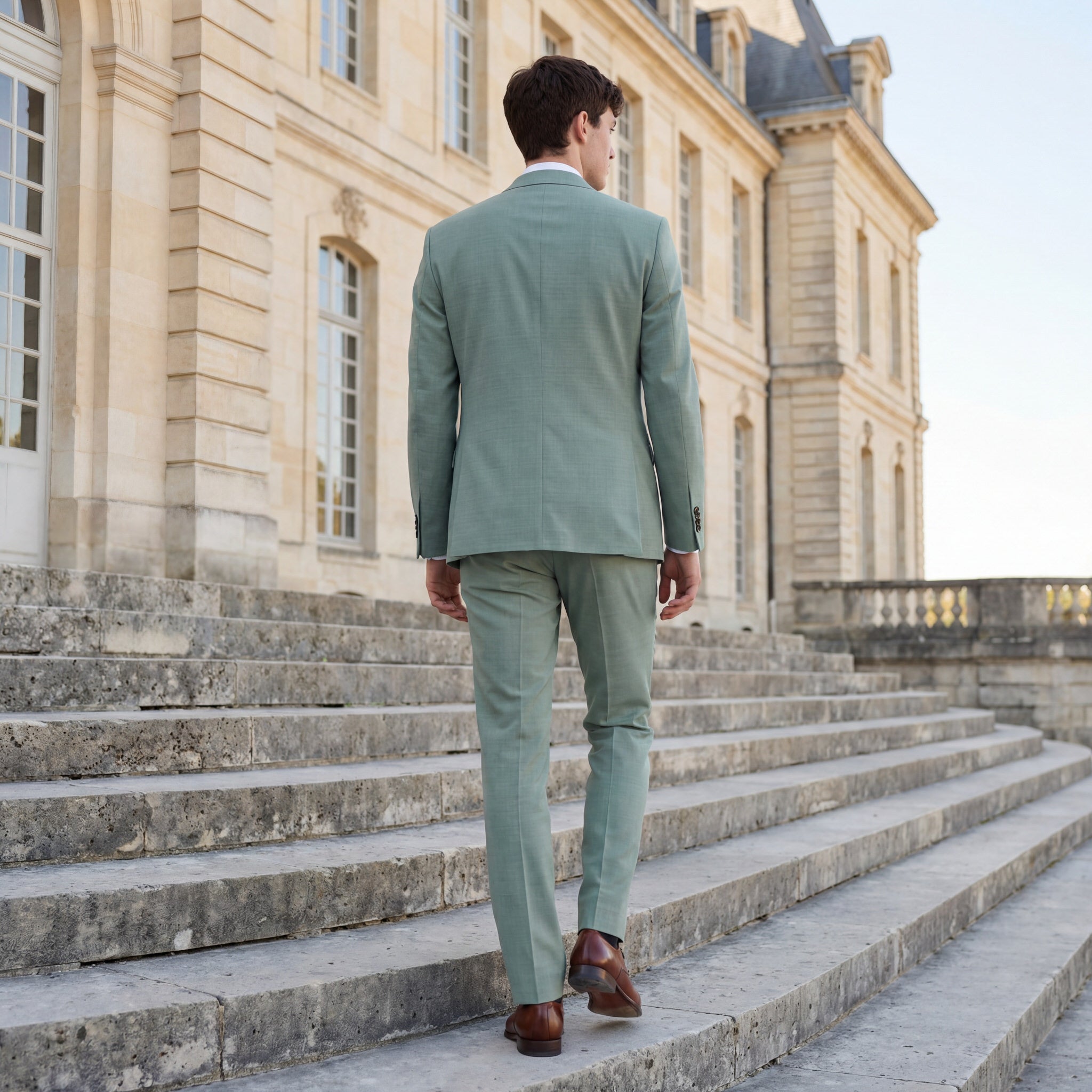 hochzeitsrausch Brautmoden - Eleganter Bräutigam-Anzug in Mintgrün vor historischer Kulisse, ideal für stilvolle Hochzeiten