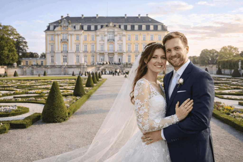hochzeitsrausch Brautmoden - Brautpaar im Brühler Schlosspark, Brautkleid mit Spitzenärmeln, eleganter Braeutigam-Anzug