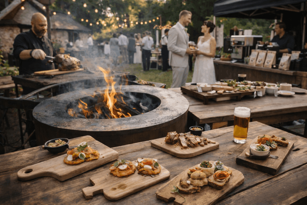 hochzeitsrausch Brautmoden - Hochzeitspaar im Garten mit rustikalem Buffet und Grill, festliche Stimmung