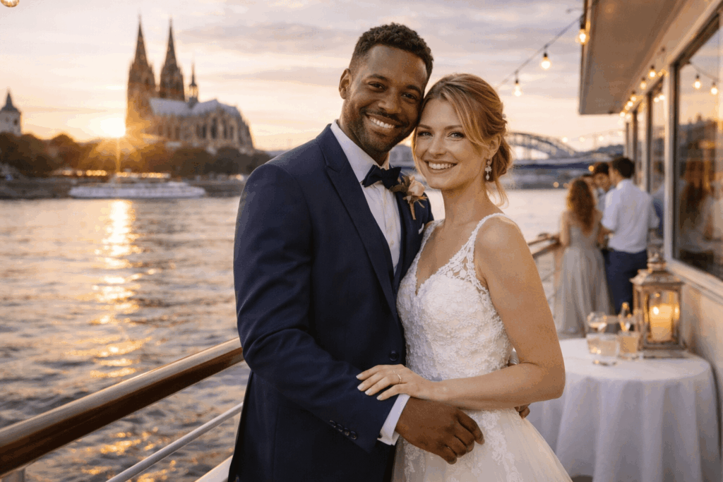 hochzeitsrausch Brautmoden - Brautkleid mit Spitzen und Braeutigam-Anzug bei Sonnenuntergang auf der Rheinpromenade