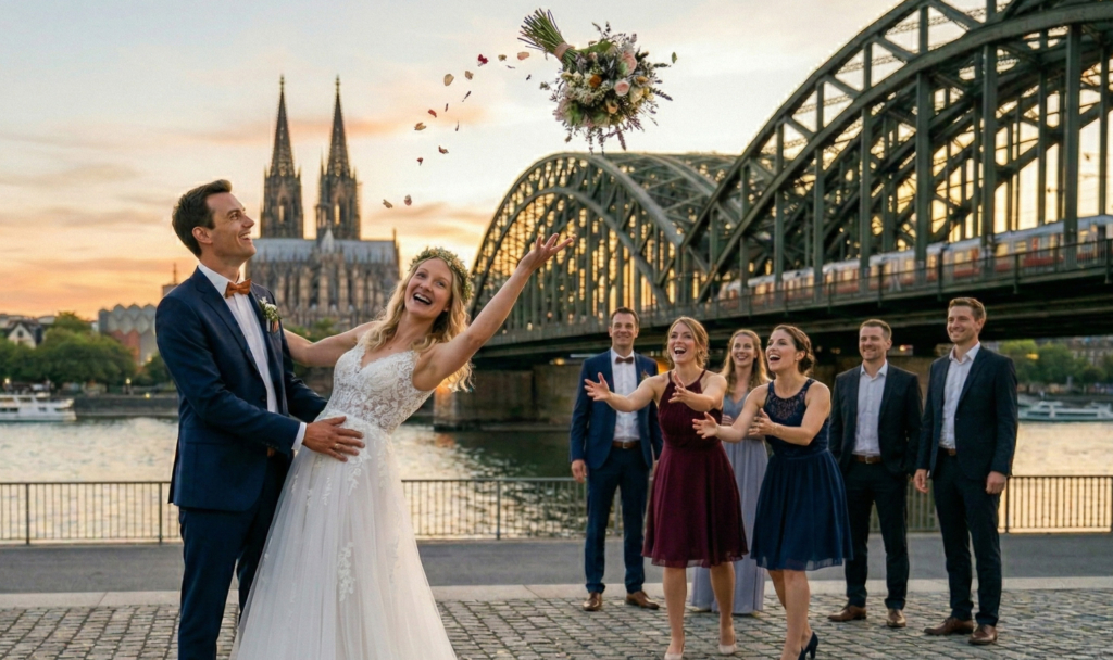 hochzeitsrausch Brautmoden - Brautkleid vor Kölner Dom, Brautstraußwurf, fröhliche Hochzeitsgesellschaft am Rhein
